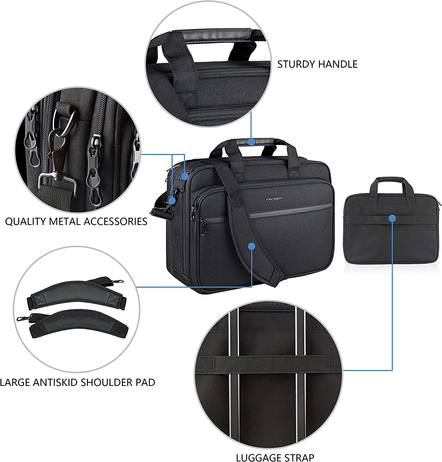 KROSER Laptop Bag Premium Laptop Briefcase Fits Up to 17.3 Inch Laptop Expandable Water-Repellent Shoulder Messenger Bag Computer Bag with RFID Pockets for Travel/Business/School/Men/Women-Black - Image 5